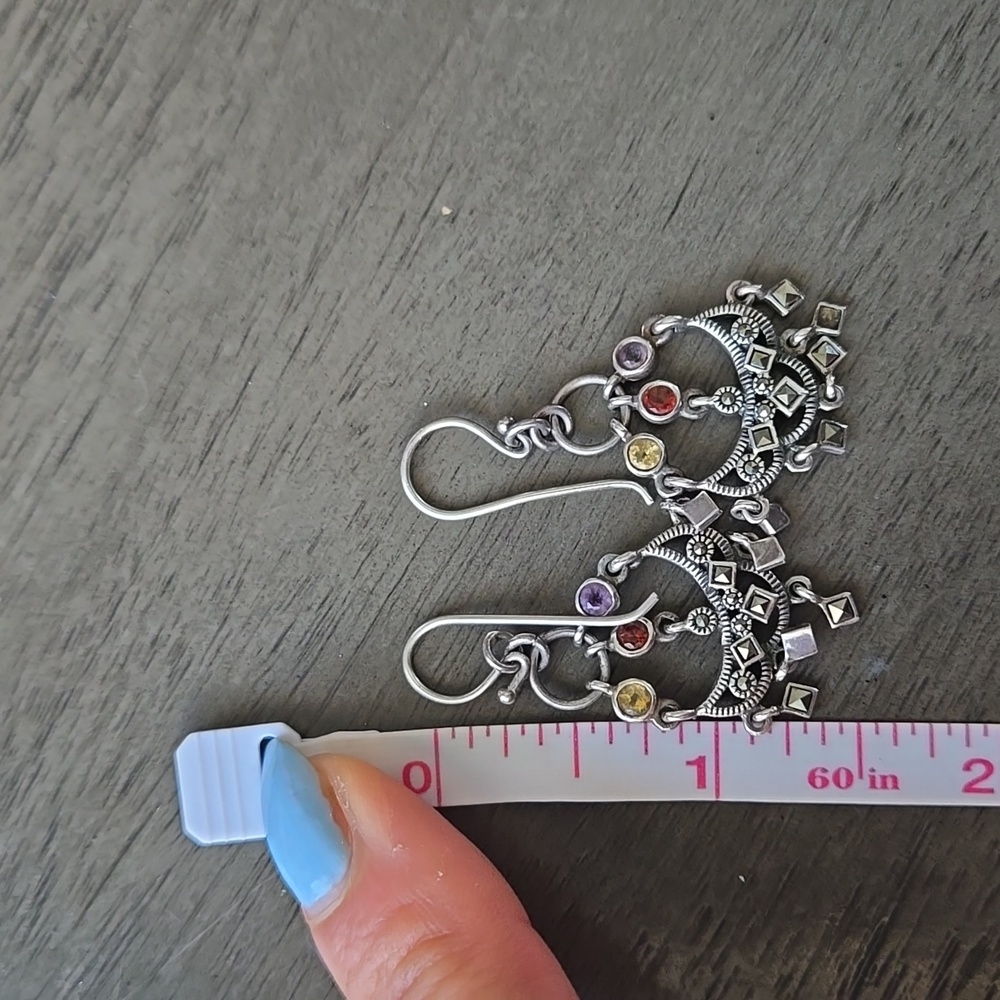 Elegant Sterling Silver Marcasite Chandelier Earrings with Mulitcolor Stones - Picture 4 of 5